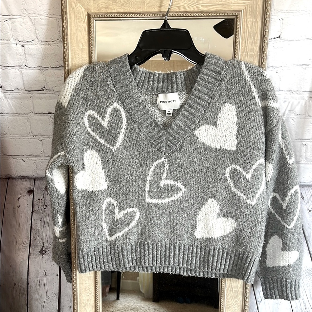 Pink Rose Gray Heart Sweater